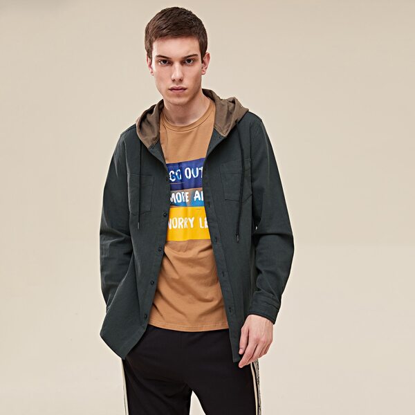 

Men Pocket Front Drawstring Hooded Shirt, Grey