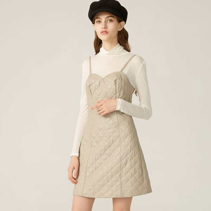 

PU LEATHER 2 IN 1 QUILTED DRESS, Khaki