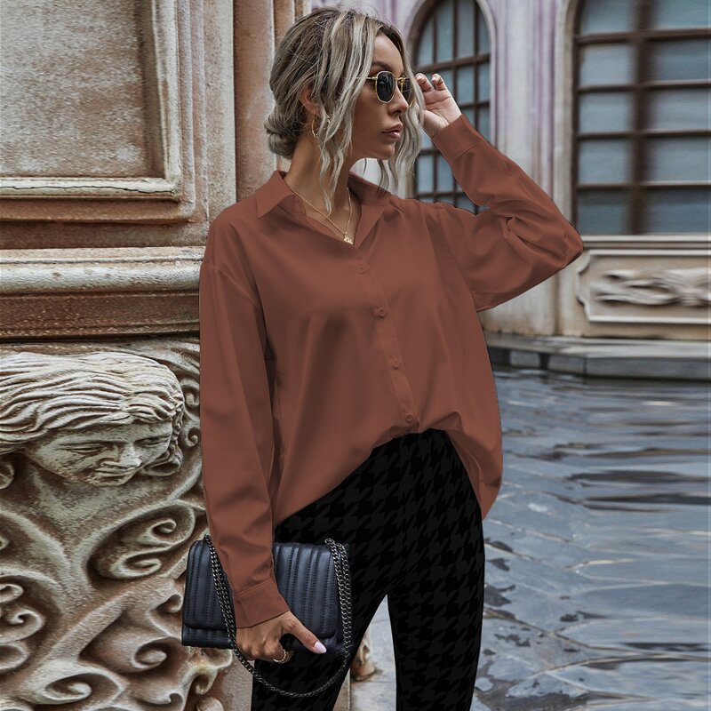 

Solid Button Up Drop Shoulder Blouse, Coffee brown
