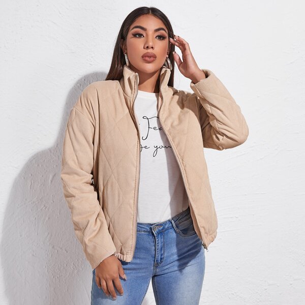 

Zip Up Drop Shoulder Corduroy Jacket, Apricot