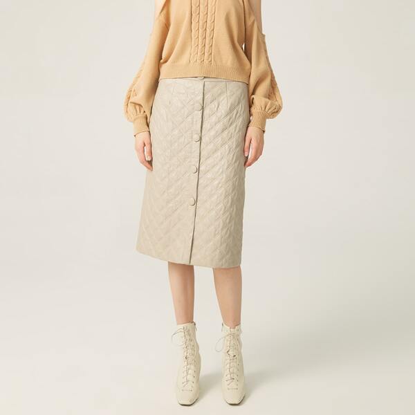 

PU LEATHER DIAMOND QUILTED MIDI SKIRT, Khaki