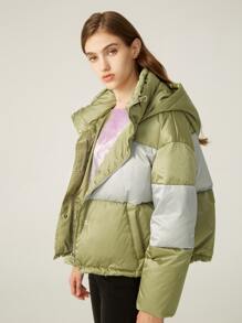 MOTF PREMIUM 拼色連帽羽絨服 - 青檸色 - 查看 9