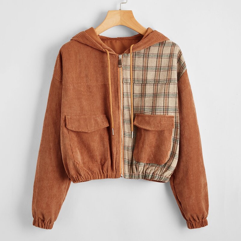 

Corduroy Contrast Plaid Zip Up Jacket, Multicolor