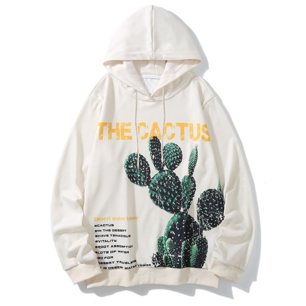 

Men Cactus & Letter Graphic Hoodie, Beige
