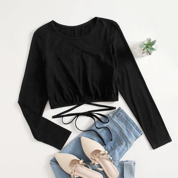 

Cut Out Back Lace Up Solid Tee, Black