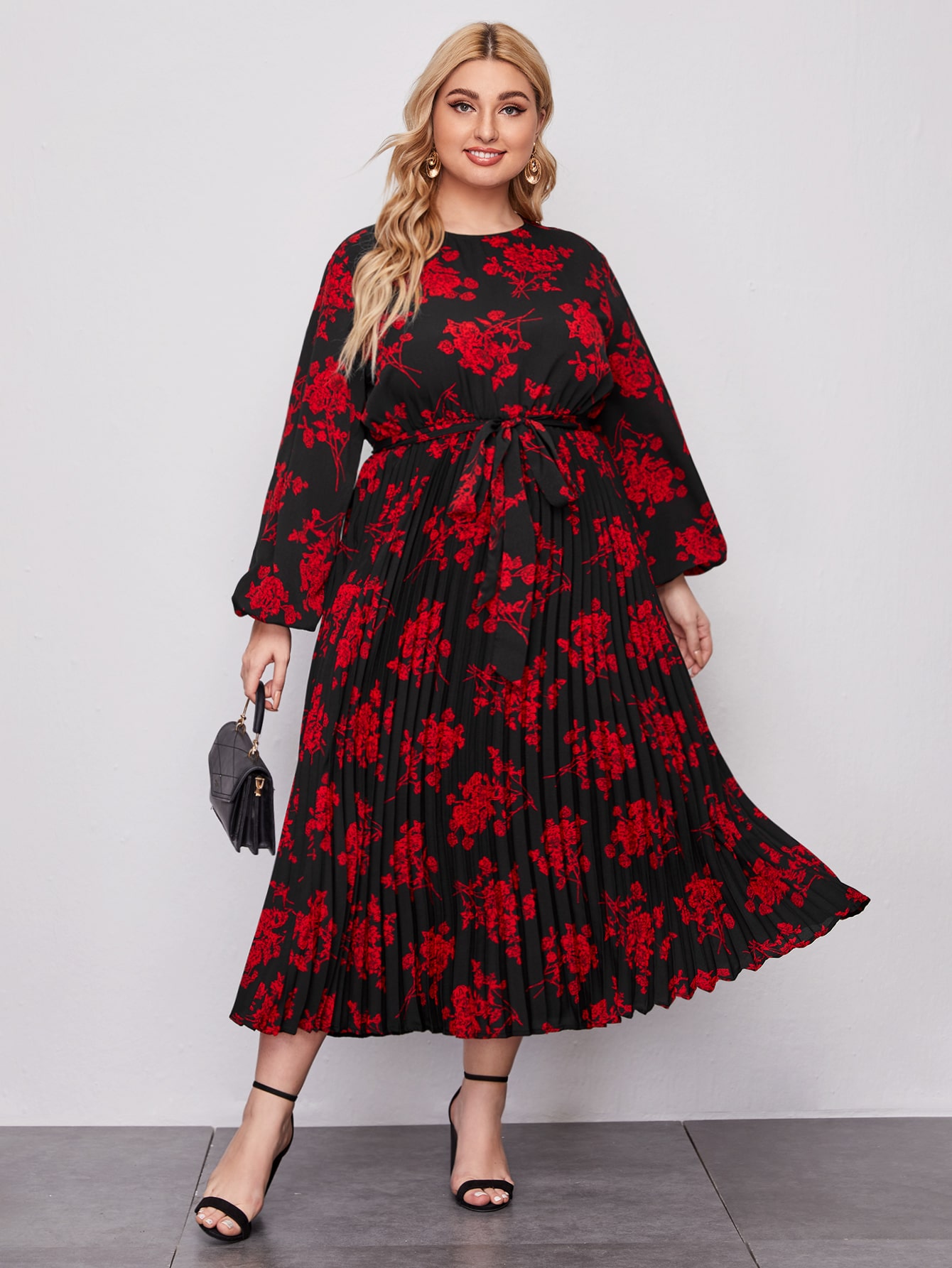 Plus Bishop Sleeve Self Belted Floral Dress thumbnail