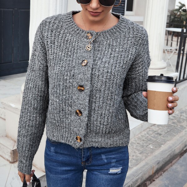 

Drop Shoulder Button Front Cardigan, Grey