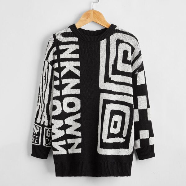 

Boys Letter & Geo Pattern Sweater, Black and white