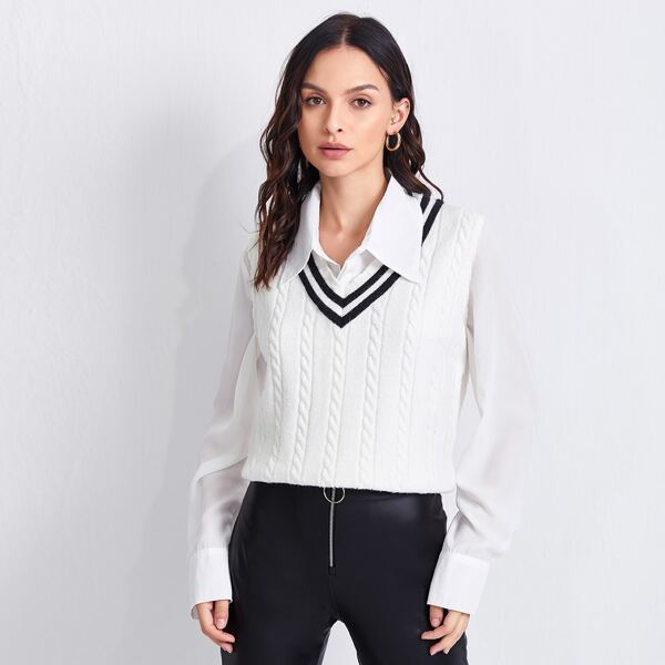 

Striped Trim Cable Knit Sweater Vest, White