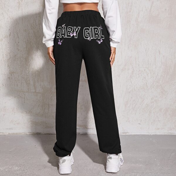 

Letter & Butterfly Print Drawstring Waist Sweatpants, Black