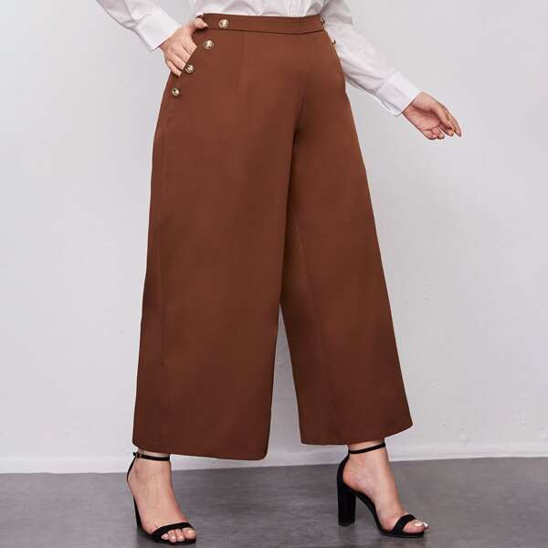 

Plus Button Detail Wide Leg Pants, Rust brown