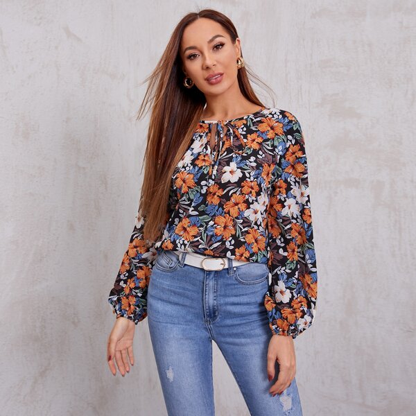 

Floral Print Knot Front Lantern Sleeve Top, Multicolor