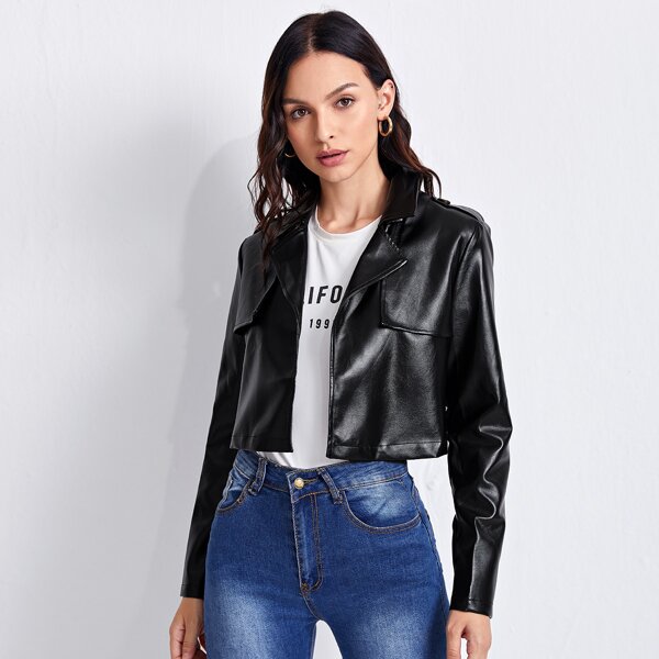 

Notched Collar PU Jacket, Black
