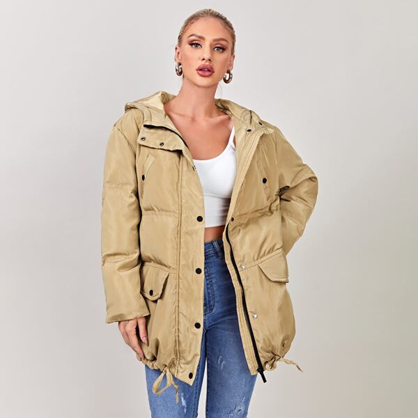 

Button Front Zip Up Hooded Puffer Jacket, Khaki