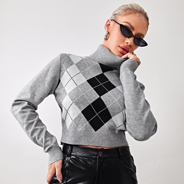 

Rolled Neck Argyle Pattern Sweater, Multicolor