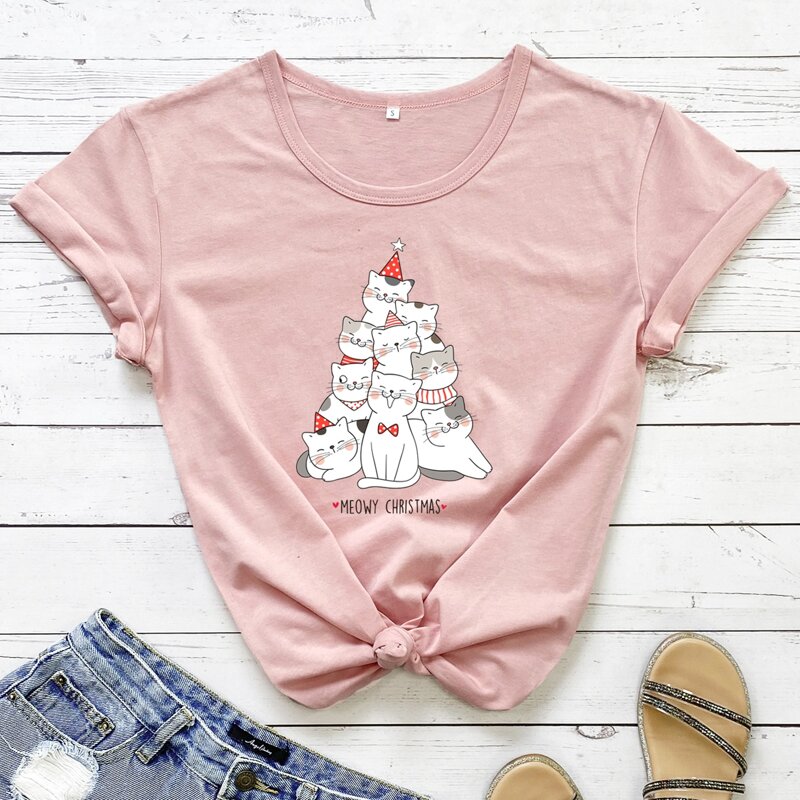 

Christmas Cat Print Tee, Baby pink