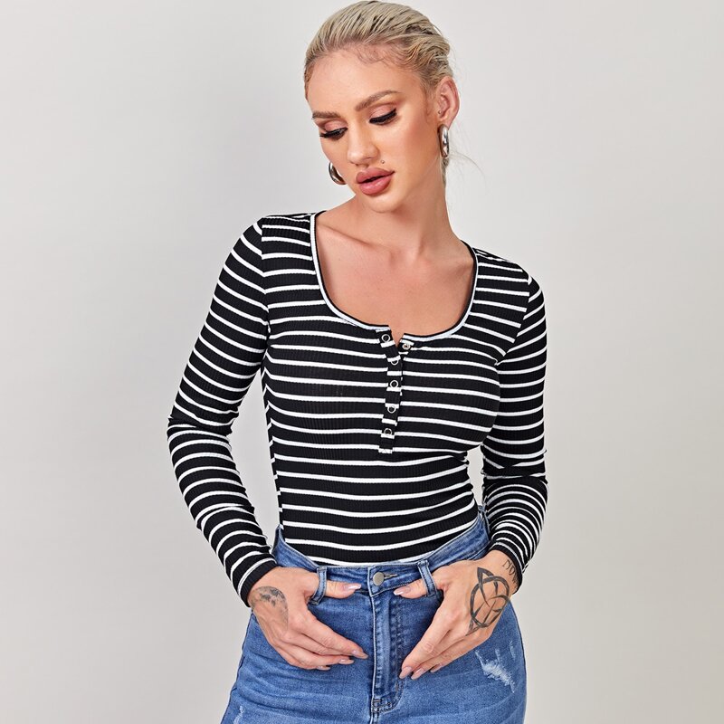 

Press Button Half Placket Striped Tee, Black and white