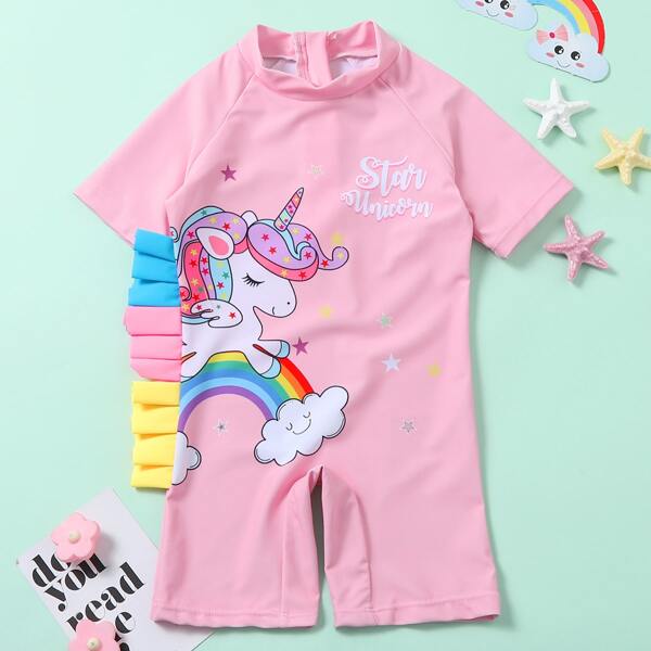 

Toddler Girls Unicorn Print One Piece Swimsuit, Pastel baby pink