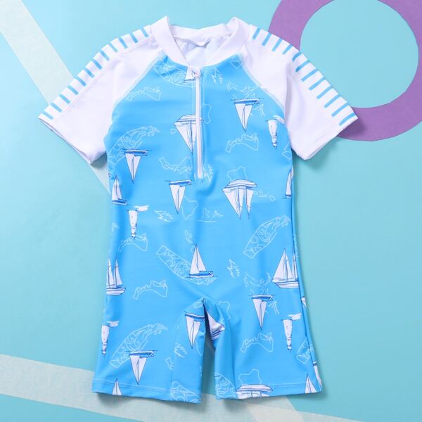 

Toddler Boys Sailboat Print Zip Front One Piece Swimsuit, Blue and white