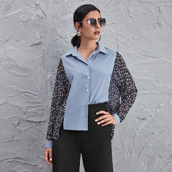 

Ditsy Floral Print Colorblock High Low Top, Dusty blue