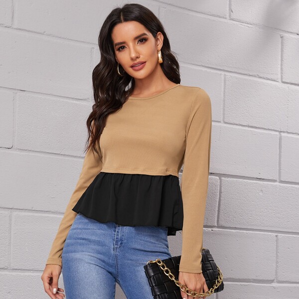 

Ruffle Hem Rib-knit Tee, Khaki