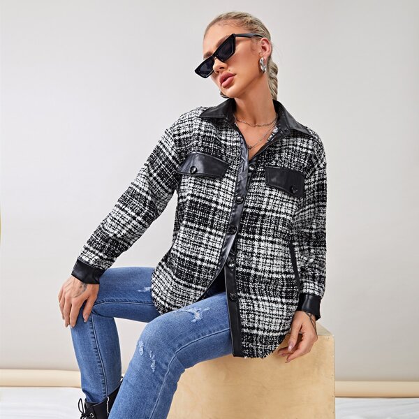 

Drop Shoulder Plaid Tweed Coat, Black and white