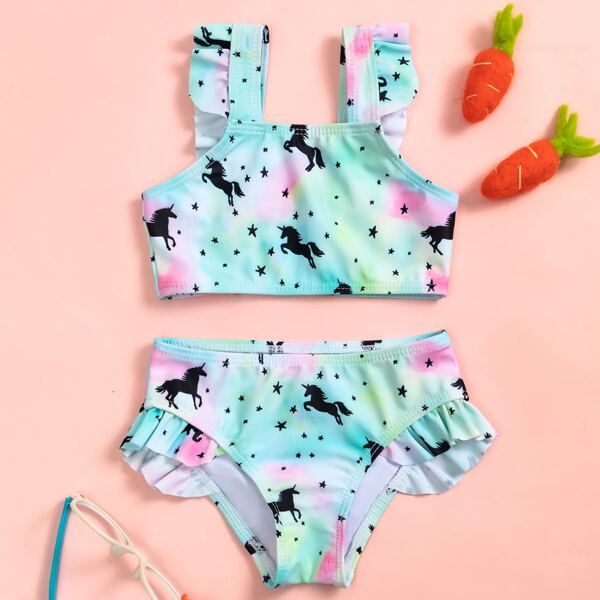 

Toddler Girls Unicorn Ruffle Trim Bikini Swimsuit, Multicolor