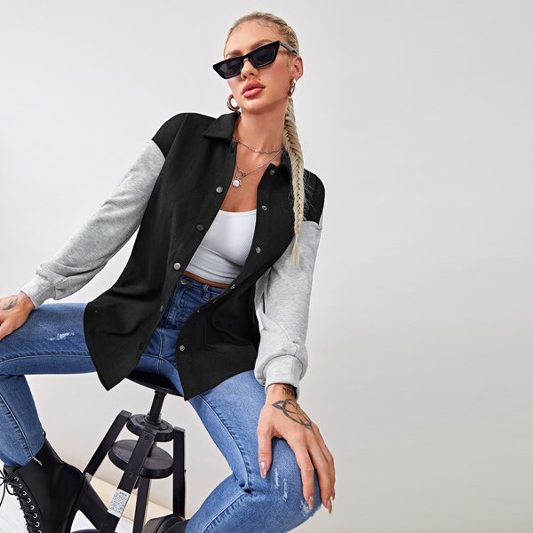 

Drop Shoulder Button Front Colorblock Coat, Multicolor