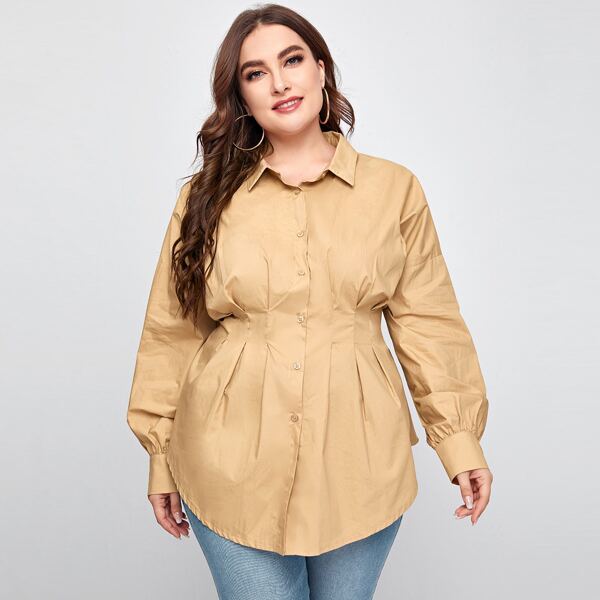 

Plus Pleated Waist Button Front Blouse, Khaki