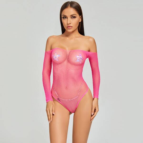 

Fishnet Hollow-out Bardot Teddy Bodysuit, Hot pink