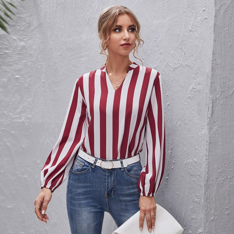 

Notch Neck Striped Lantern Sleeve Top, Red and white