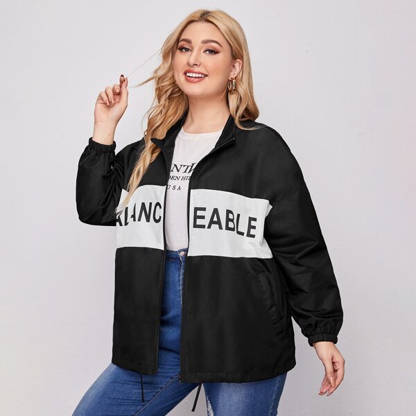 

Plus Drop Shoulder Letter Graphic Wind Jacket, Black and white