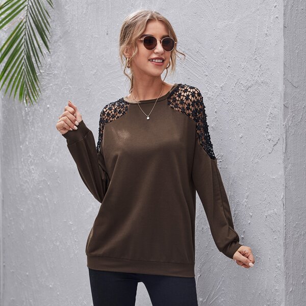 

Guipure Lace Insert Sweatshirt, Chocolate brown