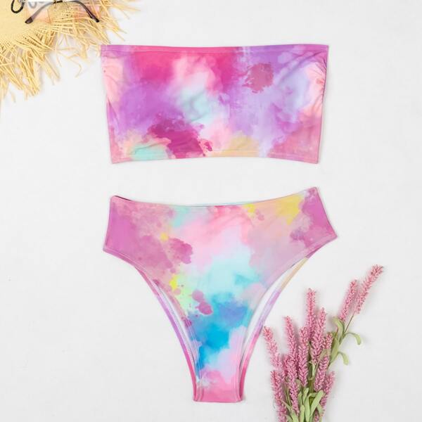 

Tie Dye Bandeau High Waisted Bikini Swimsuit, Multicolor