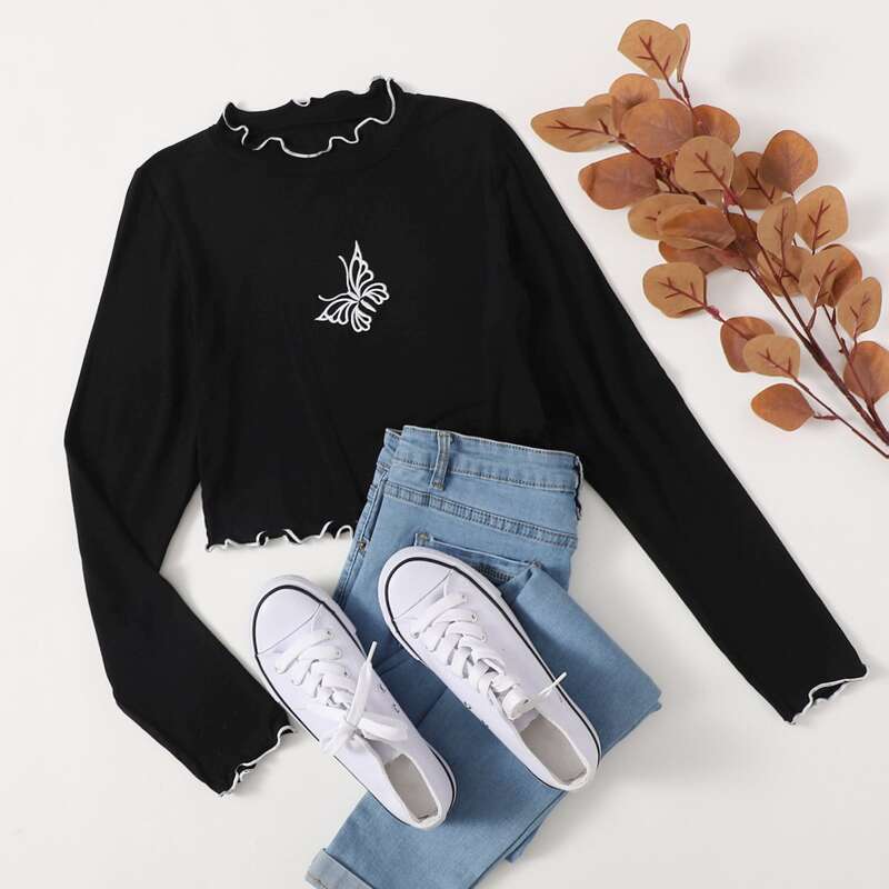 

Butterfly Embroidery Lettuce Trim Crop Top, Black