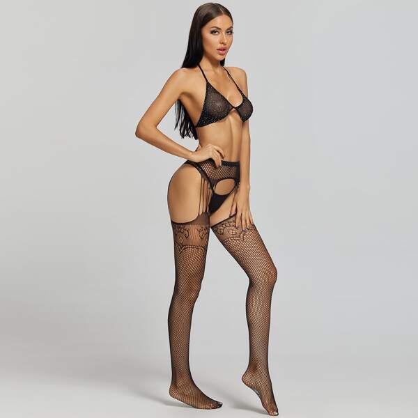 

3pack Fishnet Rhinestone Lingerie Set & Cut-out Tights, Black