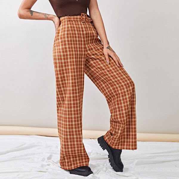 

Plaid Wide Leg Belted Pants, Rust brown