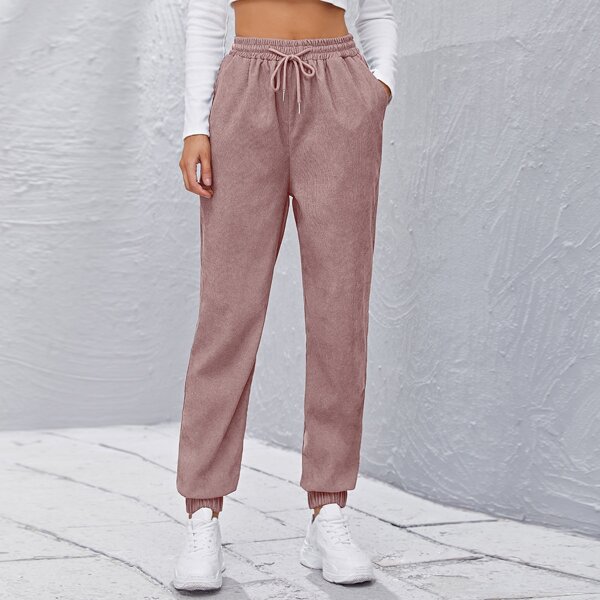 

Drawstring Waist Cord Tapered Pants, Dusty pink