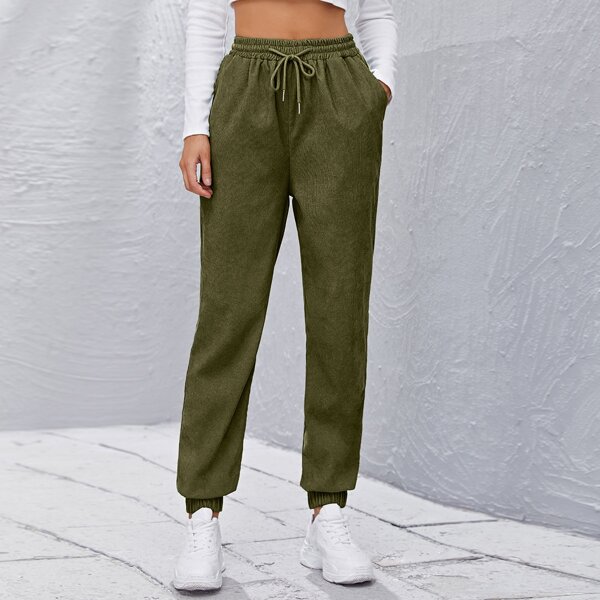 

Drawstring Waist Cord Tapered Pants, Army green