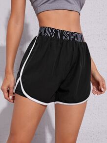 Powerista 2 In 1 Letter Graphic Contrast Trim Sports Shorts Stretchy Shorts Sweater Shorts - Black - View 6