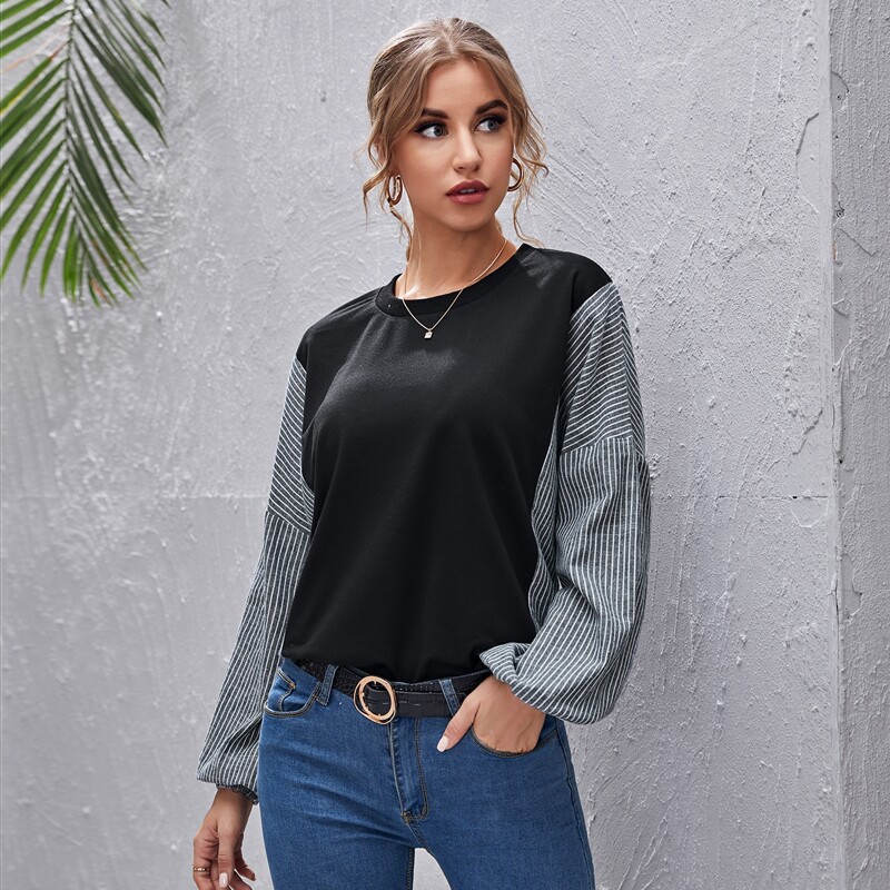 

Drop Shoulder Striped Colorblock Tee, Black