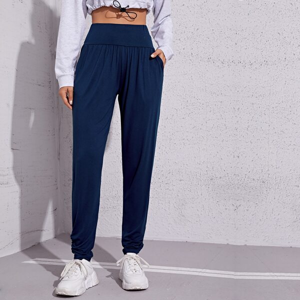 

Wide Waistband Solid Sports Pants, Navy blue