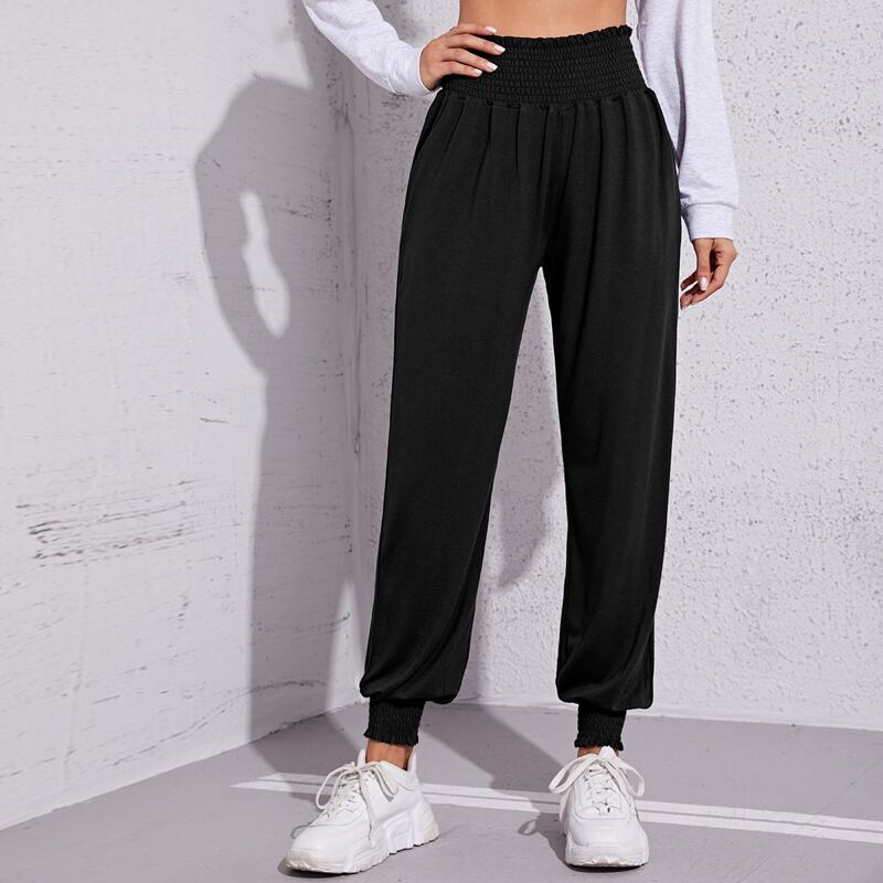 

Shirred Frill Waist Sports Pants, Black