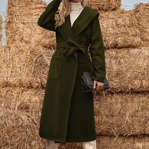 

Dual Pocket Self Tie Hooded Overcoat, Army green
