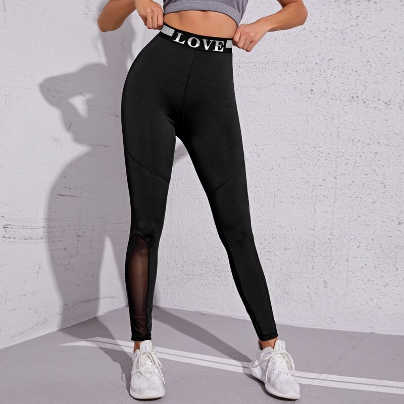 

Letter Tape Waist Contrast Mesh Sports Leggings, Black
