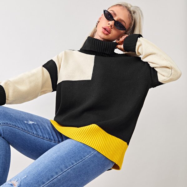 

Rolled Neck Colorblock Sweater, Multicolor