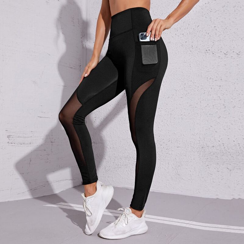 

Contrast Mesh Sports Leggings With Phone Pocket, Black