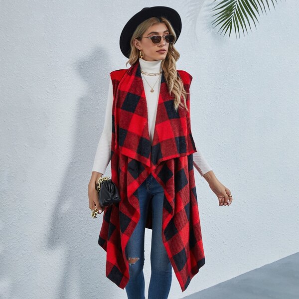 

Buffalo Plaid Waterfall Collar Flannel Vest Coat, Multicolor
