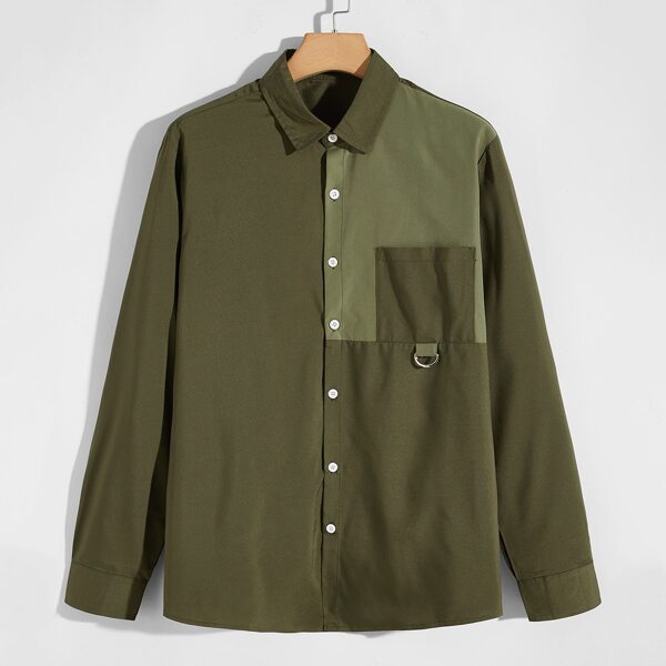 

Men Contrast Panel Button Through Shirt, Army green