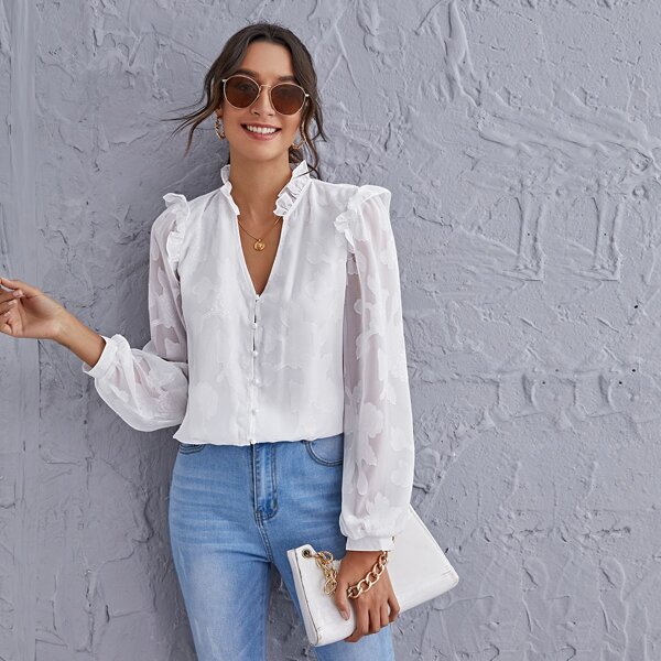 

Button Front Frill Neck Jacquard Top, White